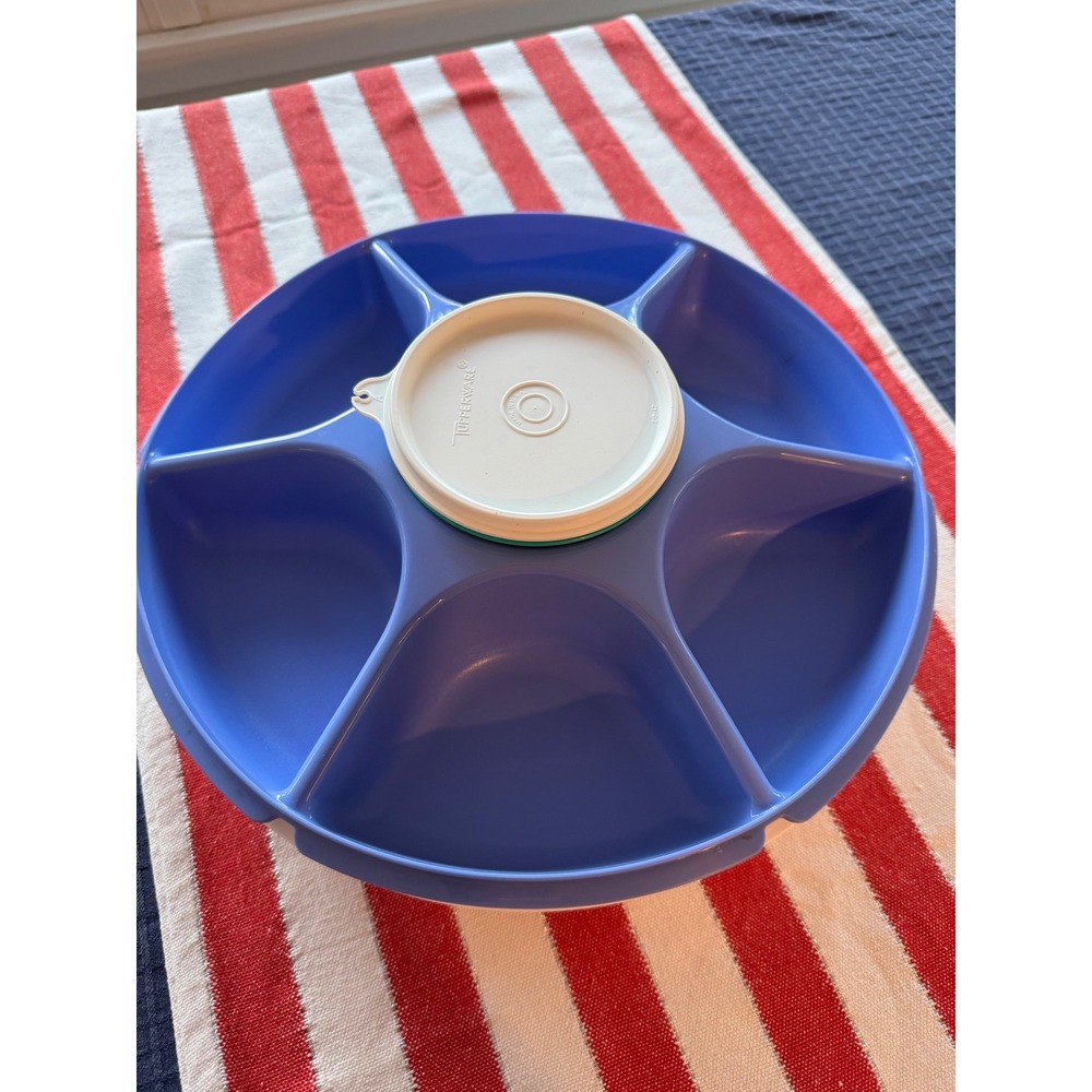 Tupperware Blue Serving Tray Divided Veggie Chip Dip Platter with Lid Dip Insert